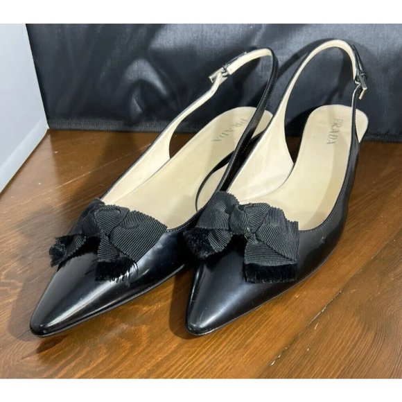 Prada Shoes - Prada Size 38 Black Leather Kitten Heel Sling Backs Faille Bow Shoes